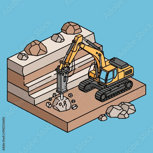 Yellow Excavator with Hydraulic Hammer Breaking Rock.