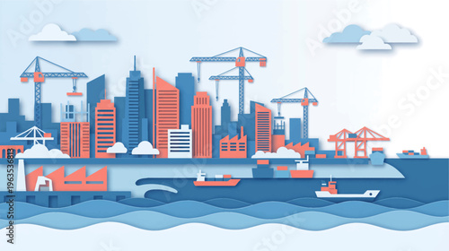 Aerial view of a bustling cityscape with cranes, boats, and skyscrapers along the waterfront at 