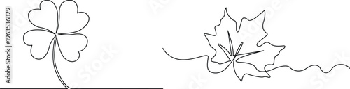 Minimalist continuous line drawing of a lucky four-leaf clover and a maple leaf on white. Vector