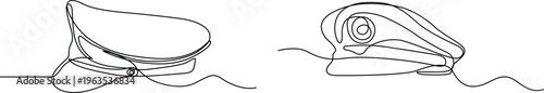 Single line drawing of a captain hat and a military beret on a white background Vector
