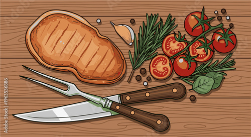 Grilled steak with tomatoes, garlic, rosemary, and peppercorns