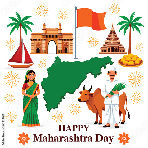 Happy maharashtra day vector illustration with traditional elements and landmarks.