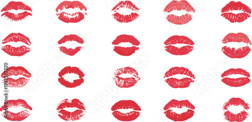 Collection of red lipstick kiss marks and lip print vector illustrations for beauty fashion and romantic celebration designs.