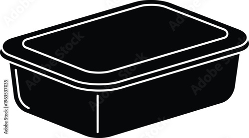 A black outline of a rectangular food container highlighted against a white background silhouette high quality