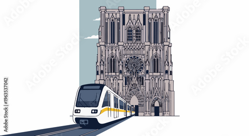 Modern train approaches grand gothic cathedral with rose window