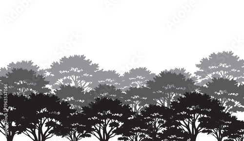 Layered Forest Tree Silhouettes Background in Grayscale, Monochrome Wooded Landscape Vector with Misty Horizon Effect