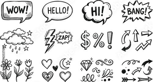 Hand Drawn Doodle Icon Set with Speech Bubbles, Arrows, Symbols, Decorative Elements, Comic Text, and Sketch Style Vector Collection