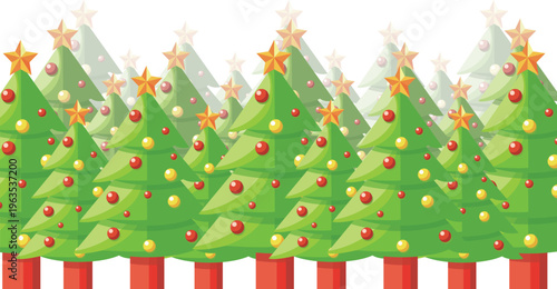 Flat Vector Christmas Tree Forest with Gold Stars and Red Baubles, Festive Holiday Background in Cartoon Illustration Style