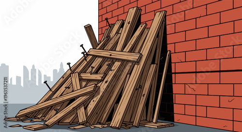 Pile of wooden planks with nails leans against brick wall, city skyline