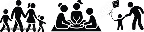 Family Lifestyle Icons Collection with Walking, Picnic, Playing and Daily Activities Silhouette Vector Set