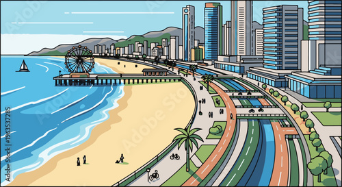 Pixelated coastal cityscape with a pier, ferris wheel, and modern buildings