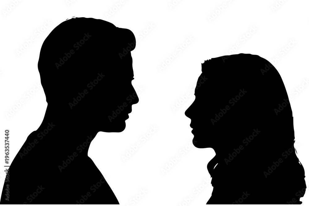 Fototapeta premium Silhouettes of a man and woman facing each other in apparent confrontation