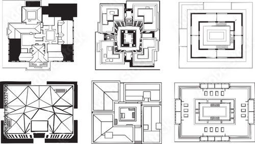 Minimalist Architectural Floor Plan Set, Modern Building Blueprint Layout Design with Geometric Shapes and Abstract Technical Line Art for Construction
