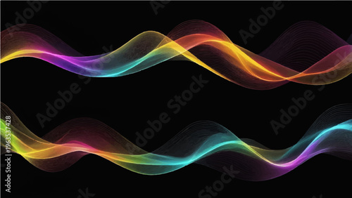 An elegant, undulating display of colorful, semi-transparent waves flowing with graceful rhythm against a black background. 