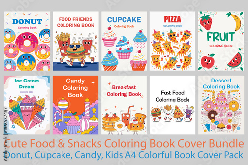 Cute Food & Snacks Coloring Book Cover Bundle – Donut, Cupcake, Candy, Kids A4 Colorful Book Cover Pack