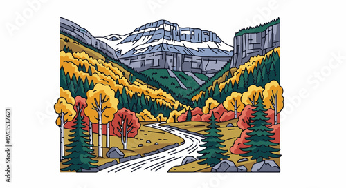 Scenic mountain valley with a winding river and autumn foliage