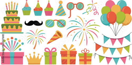 Birthday party celebration vector element set featuring cake balloons gifts cupcakes fireworks party hats and bunting banner icon collection.