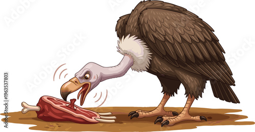 Cartoon Vulture Eating Meat Vector Illustration with Angry Expression, Detailed Feathers, Talons, and Scavenger Behavior for Wildlife, Nature, and Educational Designs