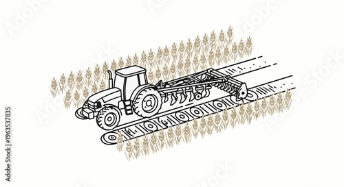 Tractor plowing a field of wheat, creating rows
