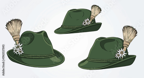 Three green alpine hats with feathers and white flowers on white background