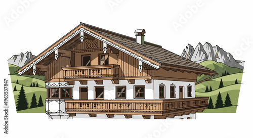 Traditional wooden chalet with balconies nestled against mountainous landscape