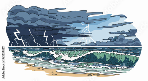 Turbulent ocean waves crash on a sandy beach under a stormy, lightning-filled sky