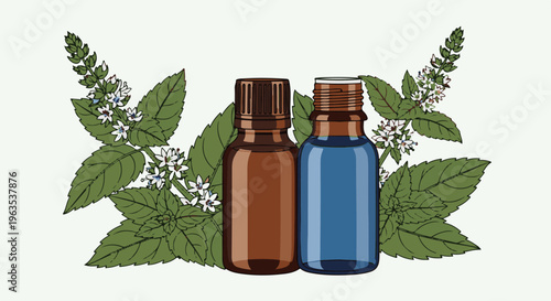 Two glass bottles with herbal sprigs and white flowers