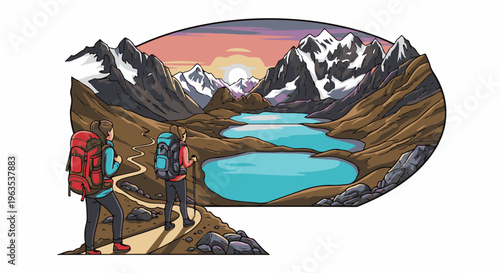 Two hikers traverse a mountain trail toward turquoise lakes at sunset