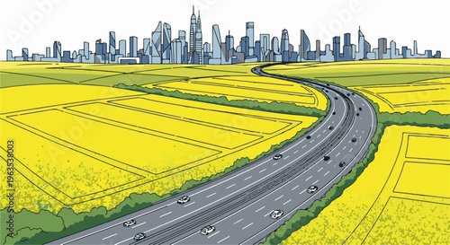 Futuristic cityscape overlooks vibrant canola fields crossed by a modern highway