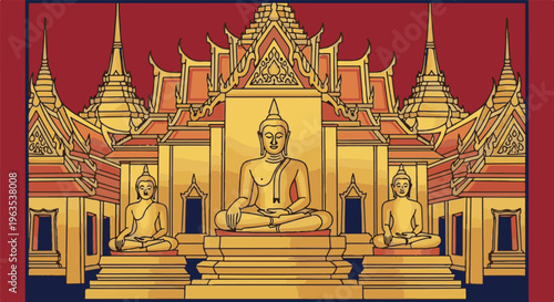 Golden Buddhas seated before ornate, tiered temple architecture