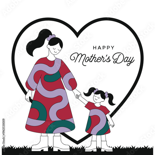 Happy mothers day mother and daughter holding hands large heart background illustration.