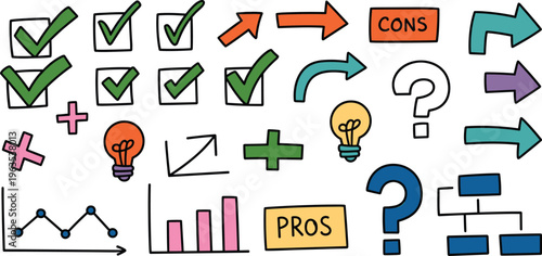 Business infographic element set with hand drawn arrows checkmarks charts pros and cons labels and idea lightbulbs.