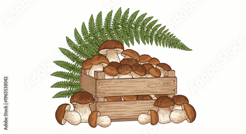 Forest bounty of mushrooms in a wooden crate, with a fern frond