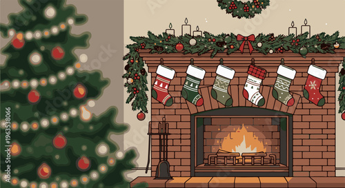 Festive fireplace with stockings and tree, warm glow from hearth and Christmas lights