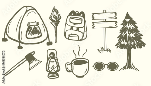 Vintage camping icons set hand drawn doodle art vector illustration. Outdoor adventure elements featuring tent backpack campfire lantern tree and coffee mug. Coastal picnic elements  vacation drawings