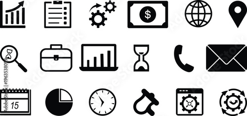 Black and white vector icon set featuring clock, car, timer and business symbols in a simple design