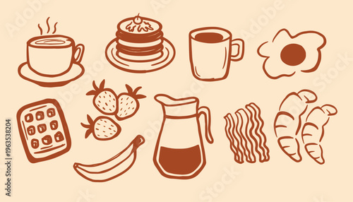 Big vector set of healthy food ingredients. Hand drawn vegetable doodle. Fast food doodle line art. Farm market food set outline. Croissant breakfast sketch illustration. Doodle food naive style