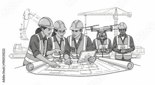 Construction team reviews blueprints and drone technology for project planning