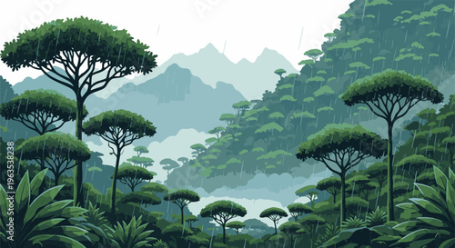 Lush, misty, mountainous forest scene with heavy rain falling