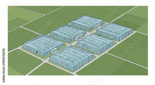 Isometric view of a greenhouse complex surrounded by agricultural fields