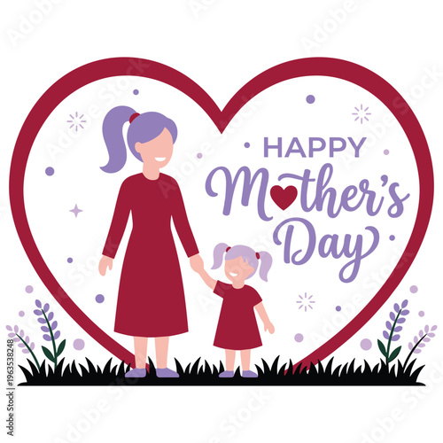 Happy mother's day vector illustration with mom and daughter holding hands.