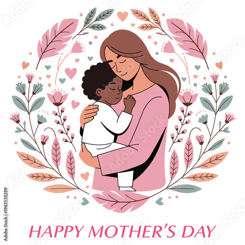 Happy mothers day mother hugging child tenderly in floral wreath background illustration.
