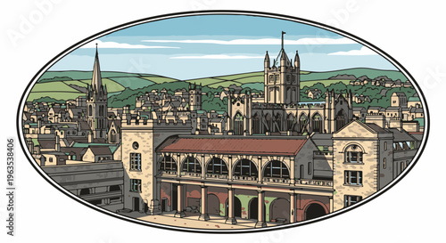 Ornate oval illustration of a historic city with varied architecture and rolling hills