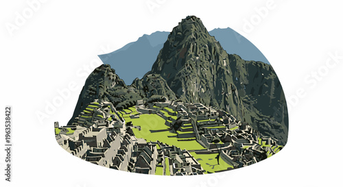 Ancient stone city with terraces on steep mountain slopes under clouds