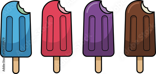 Set of colorful frozen fruit popsicles on wooden sticks with bite marks vector illustration for summer dessert.