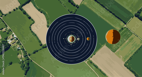 Aerial view of agricultural fields with a superimposed solar system graphic and a planet