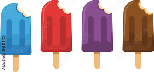 Set of colorful frozen fruit popsicles on wooden sticks with bite marks vector illustration for summer dessert.
