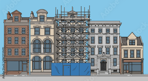 Row of diverse buildings, one under scaffolding and blue covering