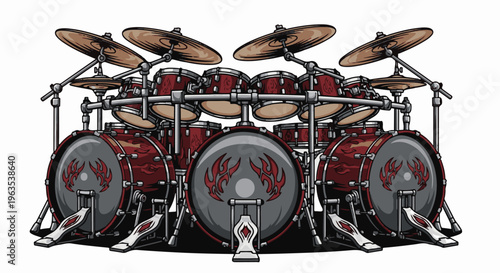 A detailed illustration of a large red drum kit with flame decals