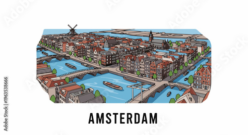 A charming, cartoonish aerial view of a European city with canals and buildings